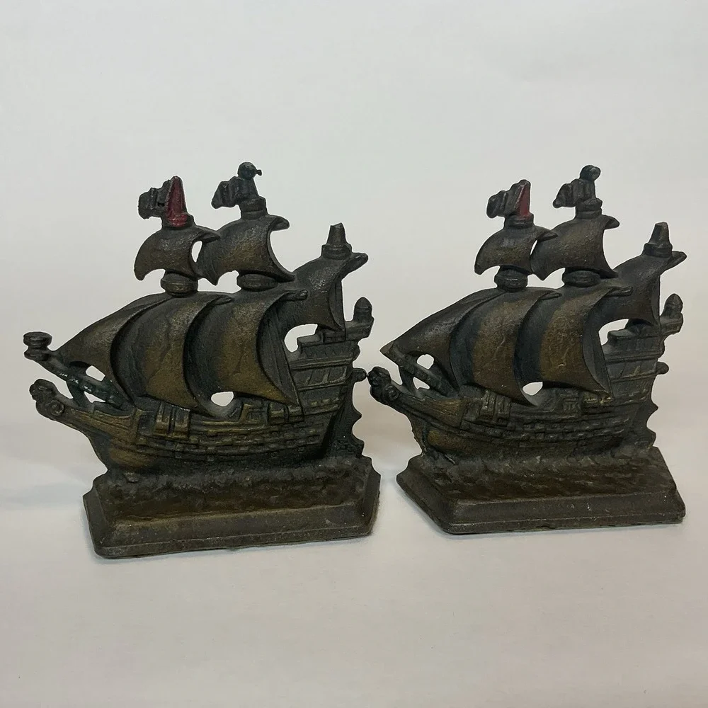 Vintage Pair Cast Iron Metal Pirate Sailing Boat Clipper‎ Ship Bookends Heavy